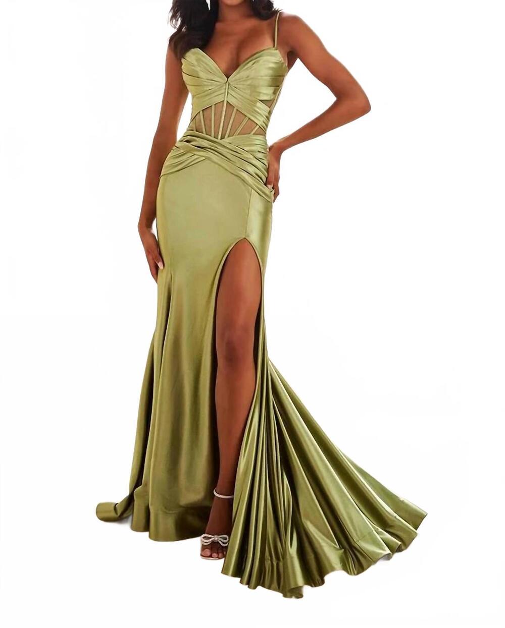 NEW ELLIE WILDE satin mermaid gown with slit in matcha